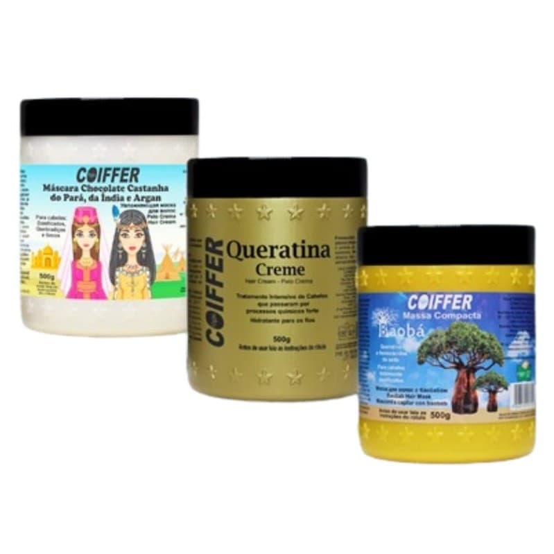Cronograma Capilar Coiffer Hidratação 500gr, Nutrição 500gr e Reconstrução500gr 3 unidades