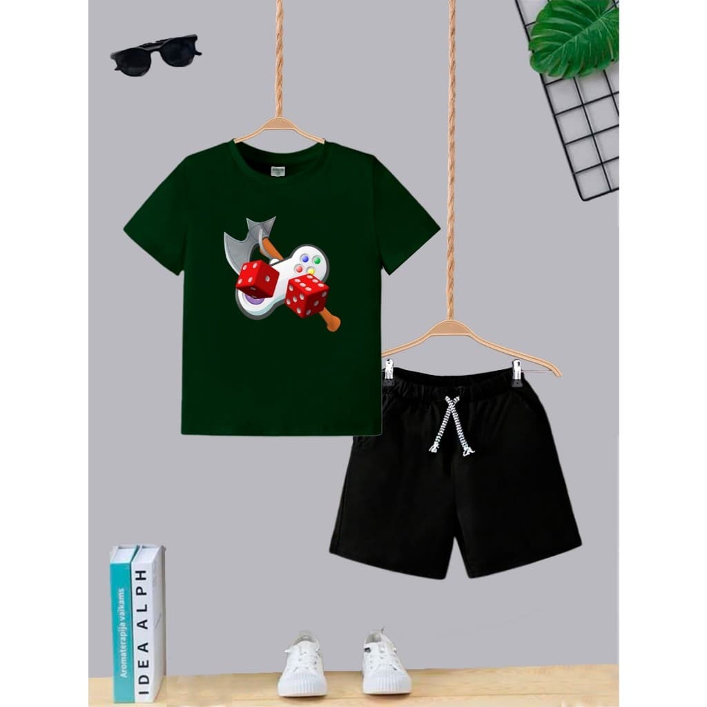 Kit Short Com Bolso + Camiseta Algodão Conjunto Infantil Game Machado Dados Moda Teen Kids