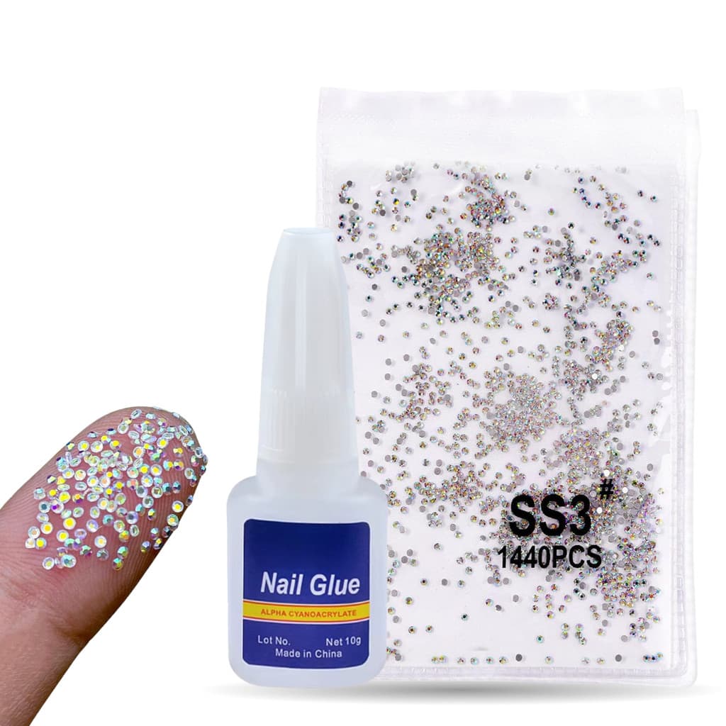 Pacote Kit Strass 1440 Pedrinhas Para Decoração Unha + Cola Pincel Para Tips 10g