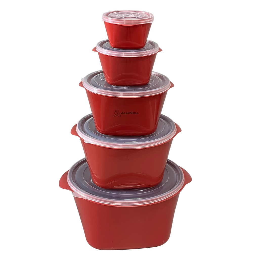 Jogo Kit Conjunto Potes para Mantimentos Multiuso 5 peças Plástico Redondo Com Tampa Vermelho