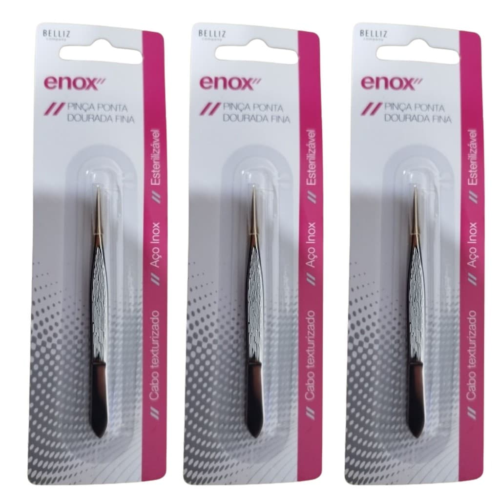 Kit 3 Pinça Design Sobrancelha Ponta Dourada Fina 701 - Enox