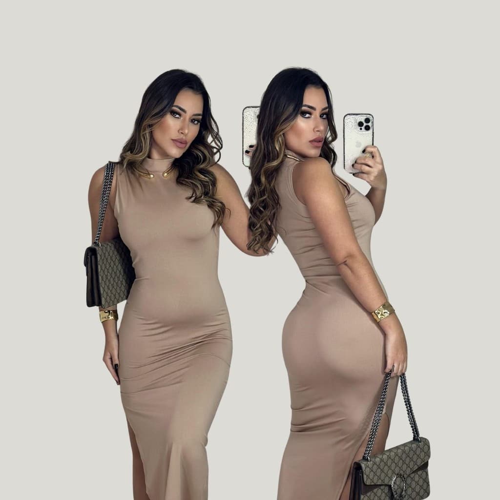 Vestido Feminino Longo Suplex com Fenda – Gola Alta, Elegante e Sofisticado