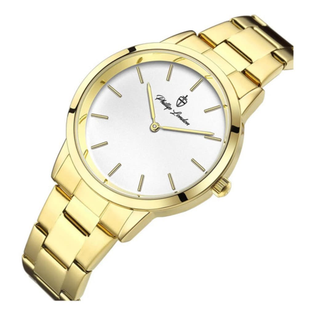 Relógio Phillip London Minimalista Dourado Mostrador Branco