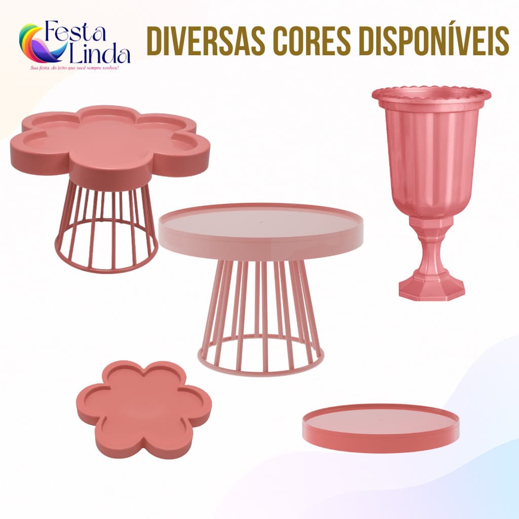 Kit Festa Decoração - 1 Boleira Roma,1 Porta Doce Flor,1 Bandeja Redonda,1 Bandeja Flor,1 Vaso Grego