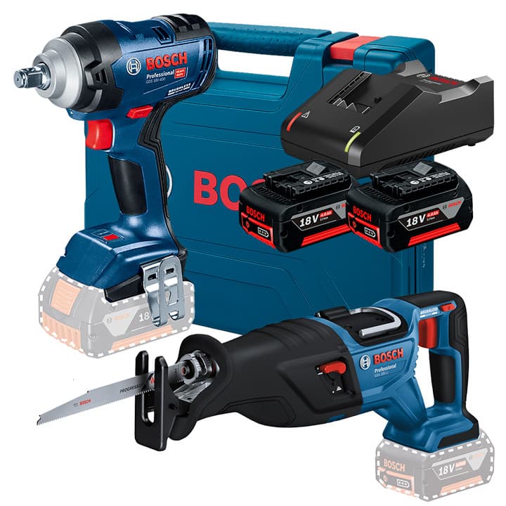 Kit Chave de Impacto 1/2" GDS 18V-400 + Serra Sabre GSA 185-LI + 2 Bateria 4Ah + Carregador Rápido Bosch