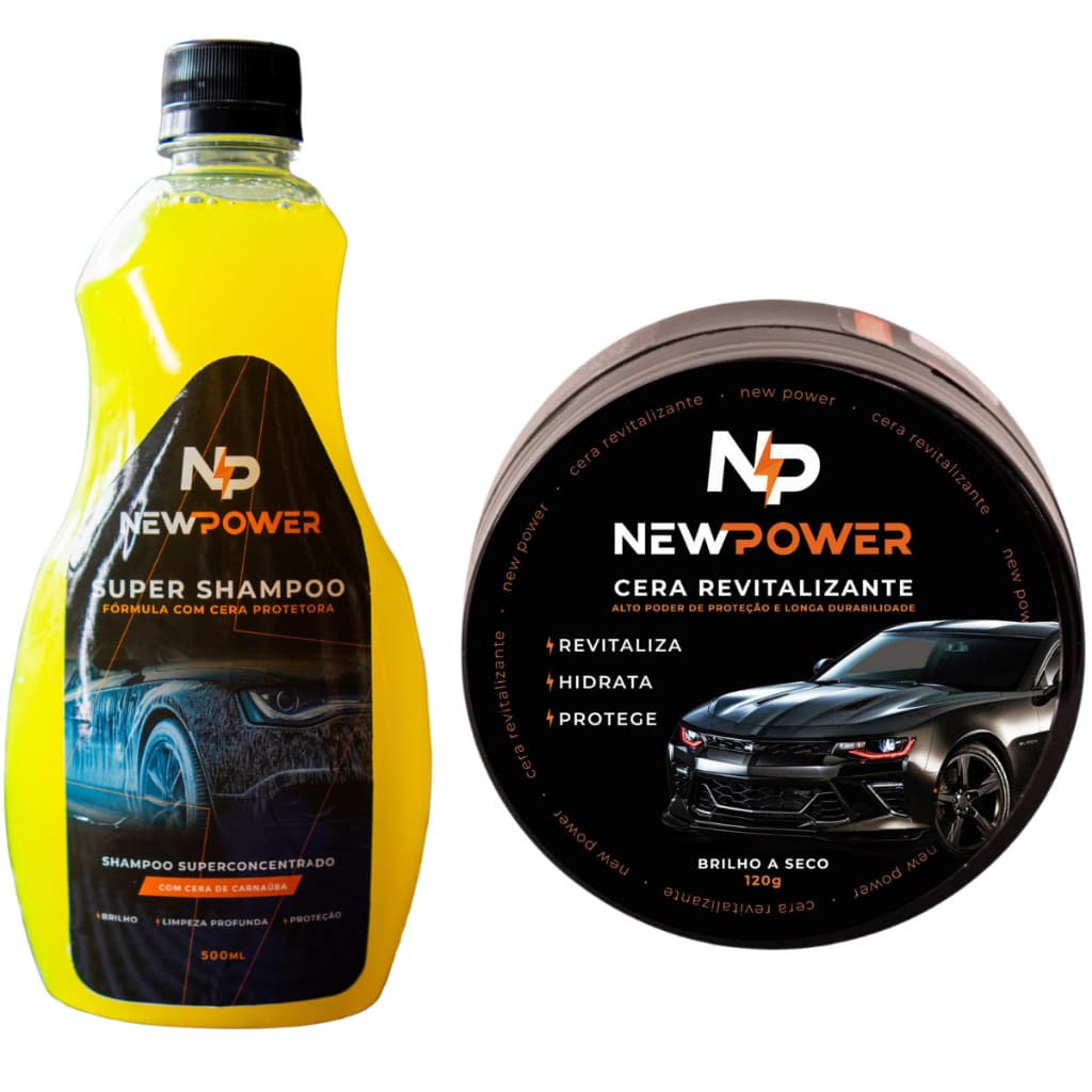 New Power Cera Revitalizante para plásticos,couros + Shampoo automotivo para Limpeza leve e pesada