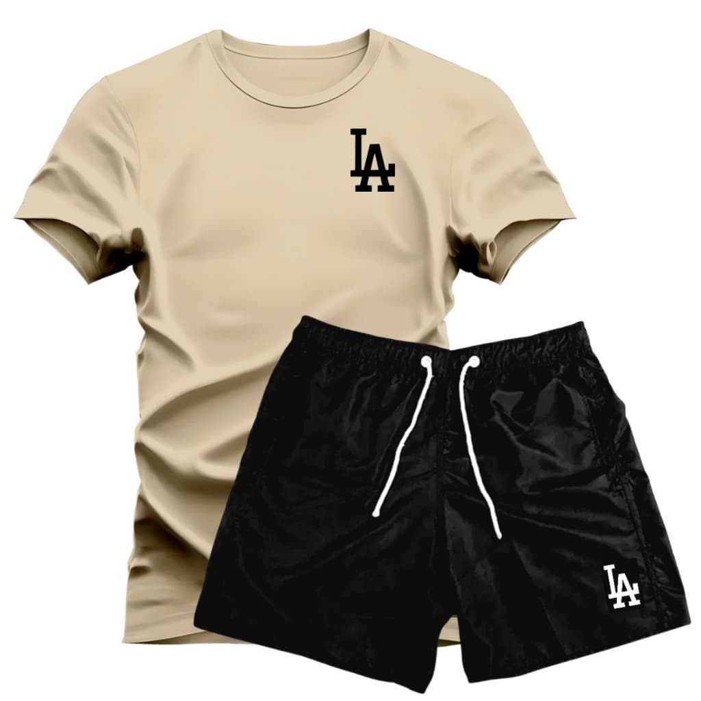 Kit Conjunto Short Tactel Preto Masculino + Camiseta Algodão Premium L.A Varias Cores P ao GG
