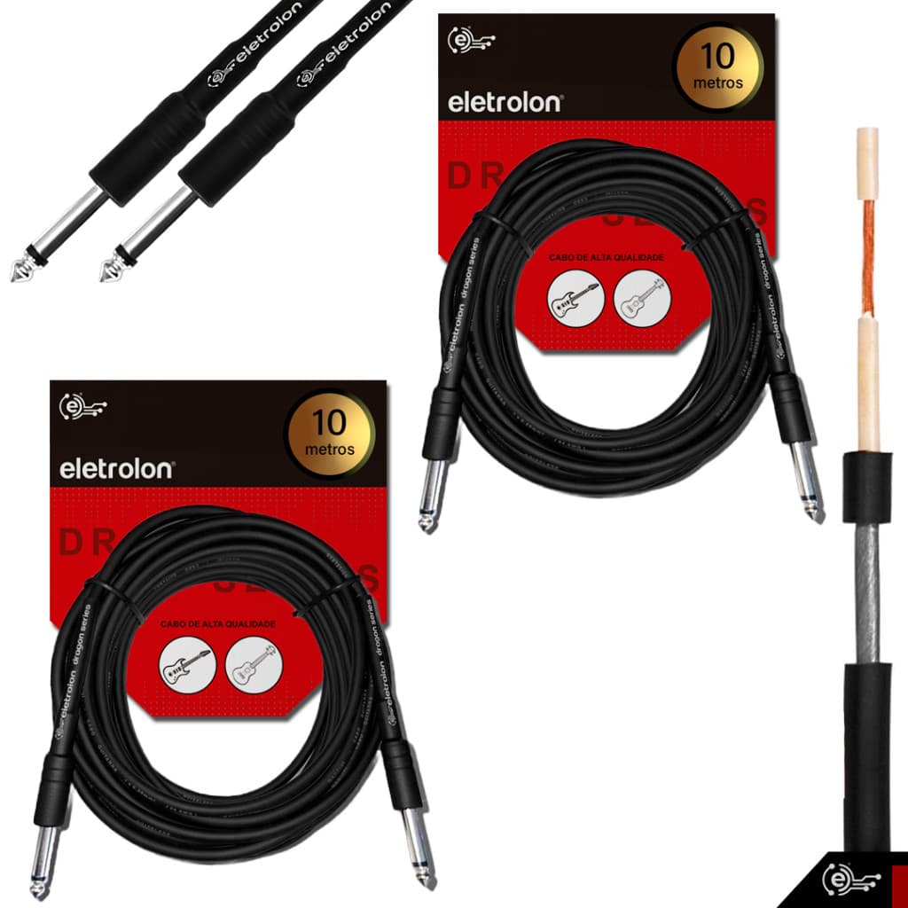 Kit 2 Cabo P10 P10 Mono P/ Violão Guitarra Baixo 10m Metros
