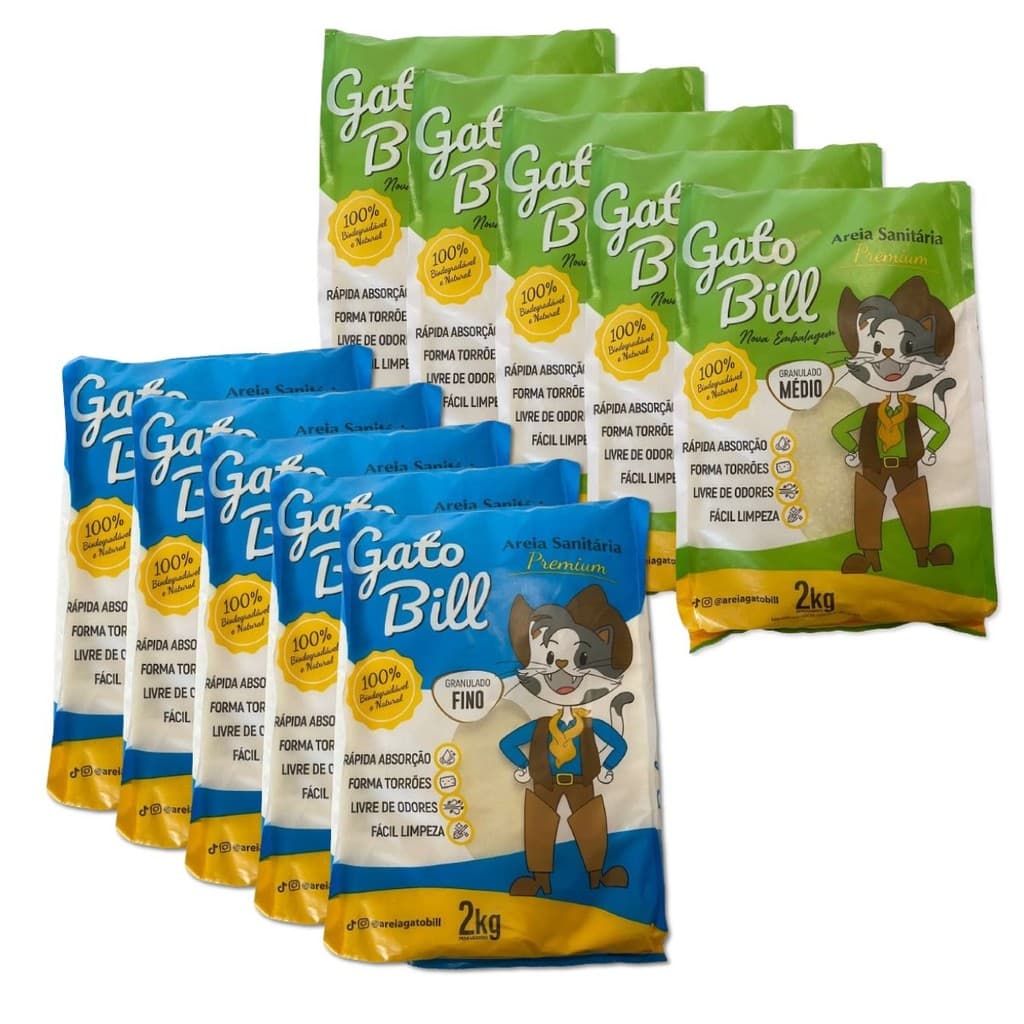 KIT 5X AREIA FINA 2KG + 5X AREIA MÉDIA 2KG AREIA SANITÁRIA BIODEGRADÁVEL GATOBILL