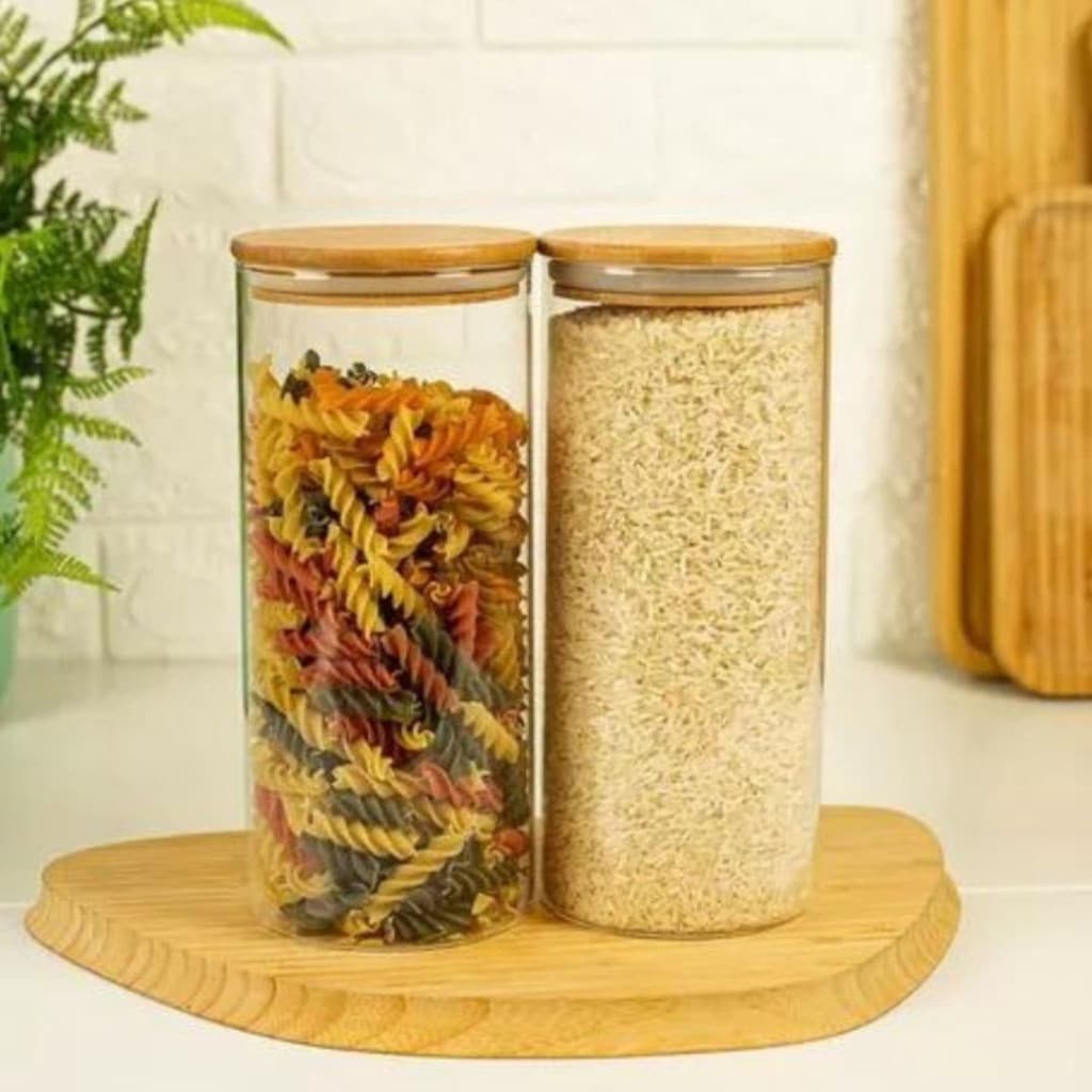 Pote De Vidro Mantimentos 1,8L Com Tampa De Bambu