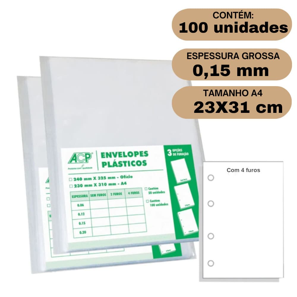 Envelope Saco Plástico A4 Acp 0,15mm 4 Furos C/100 Grosso