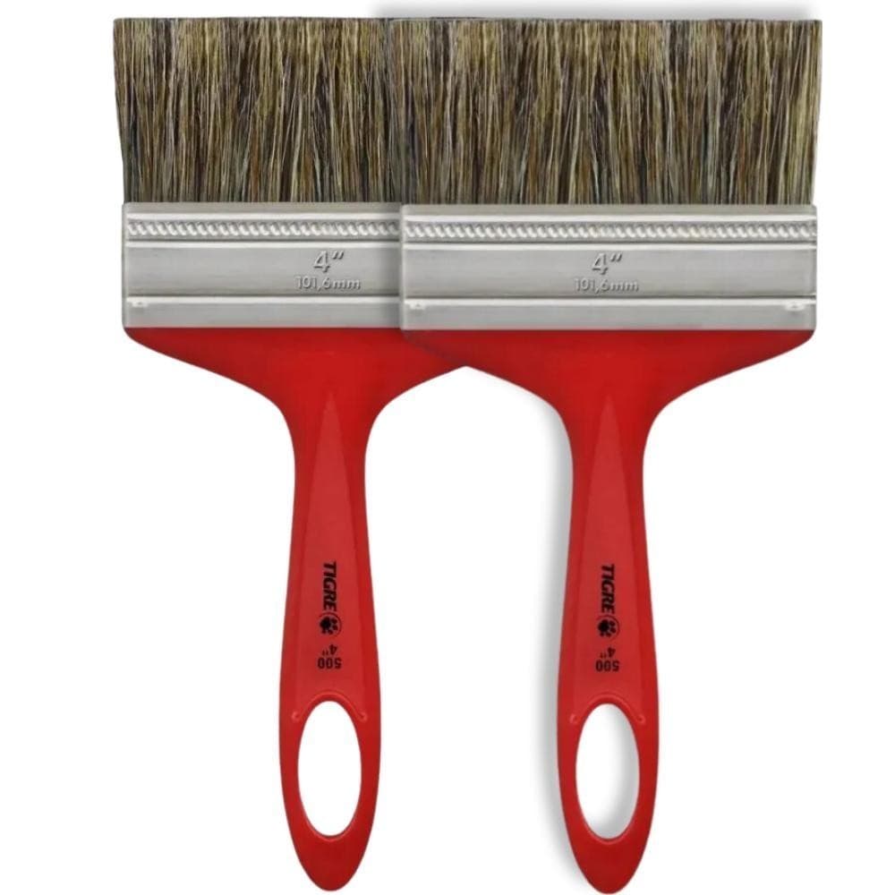 Kit 2 Trinchas 4” Polegadas Tigre  Pincel Simples Pintura Acrílica Cabo Plástico Parede Profissional Natural Angular Cerdas Macias Larga Sintética