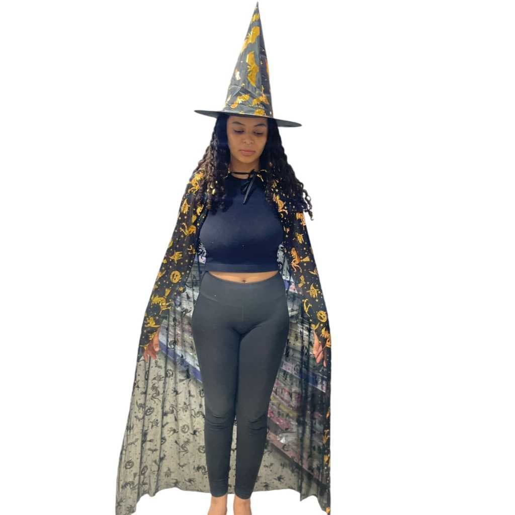Kit fantasia Chapéu e Capa de Bruxa aranha caveira Halloween Festa Fantasia Cosplay (Adulto)