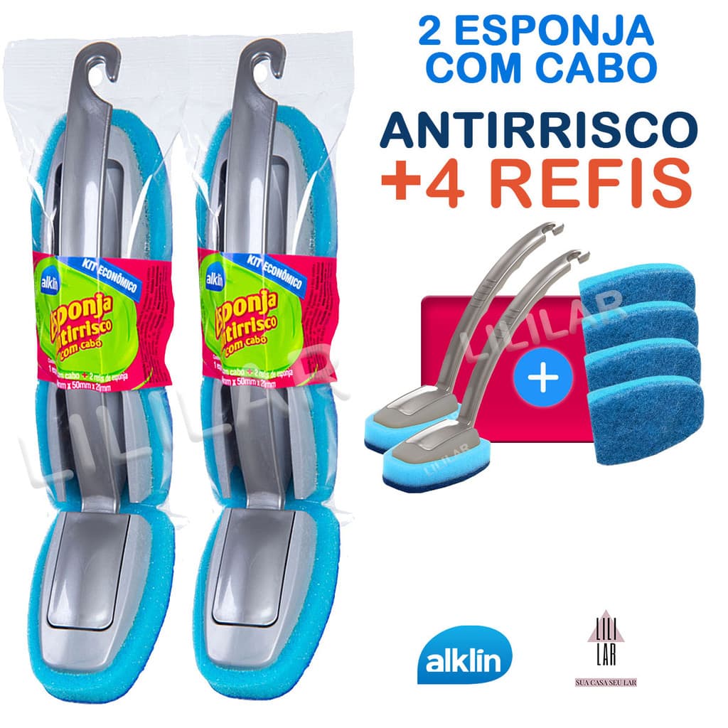 Kit 2 Esponja Antirrisco Multiuso Lavar Louça com Cabo +4 Refis Não Risca