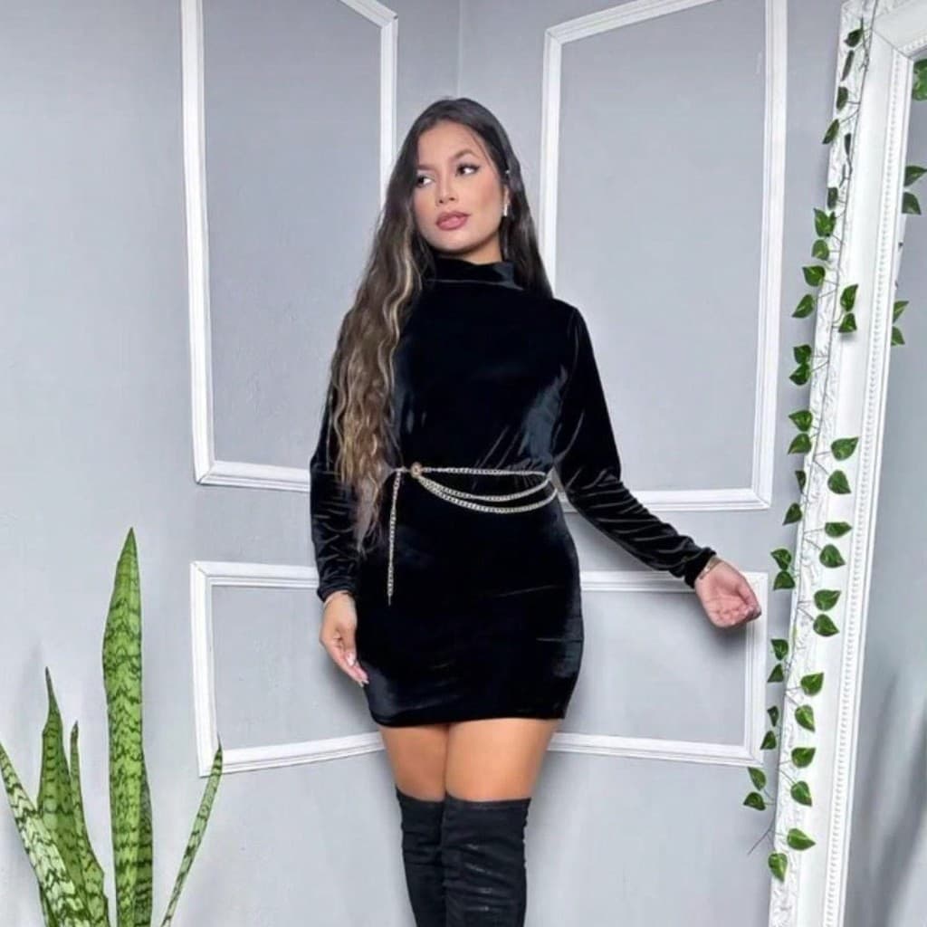 VESTIDO TUBINHO CURTO VELUDO CRISTAL MANGA LONGA