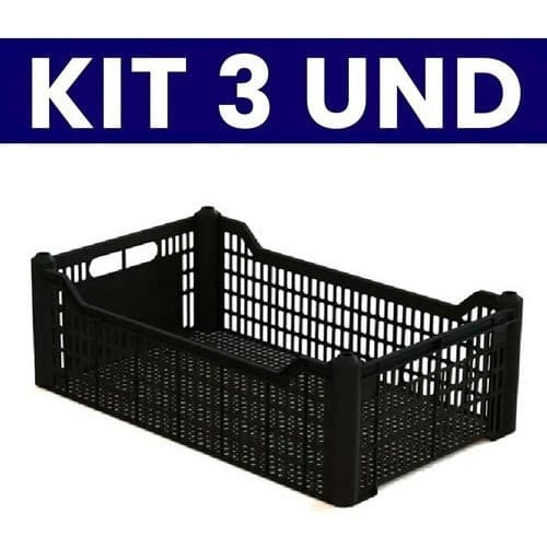 Kit 3 Peças Caixa Plástica Mercado Hortifruti Organizadora Agricola P/ Frutas Verduras Preta