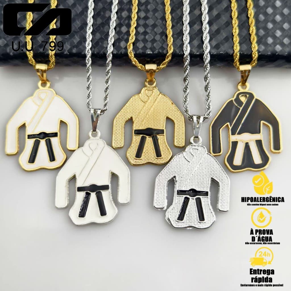 Moda Masculina Colar Corrente Trançado Baiano em Aço Inox com Pingente Faixa Preta Dourada Elegância