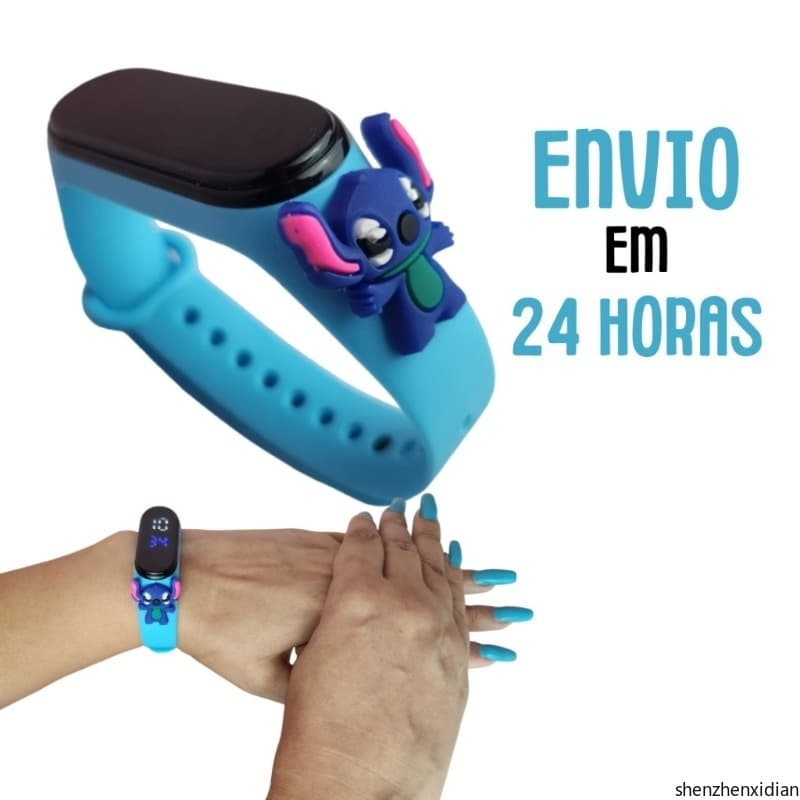 Relógio Infantil Digital Stitch Disney Á Prova De água Led azul