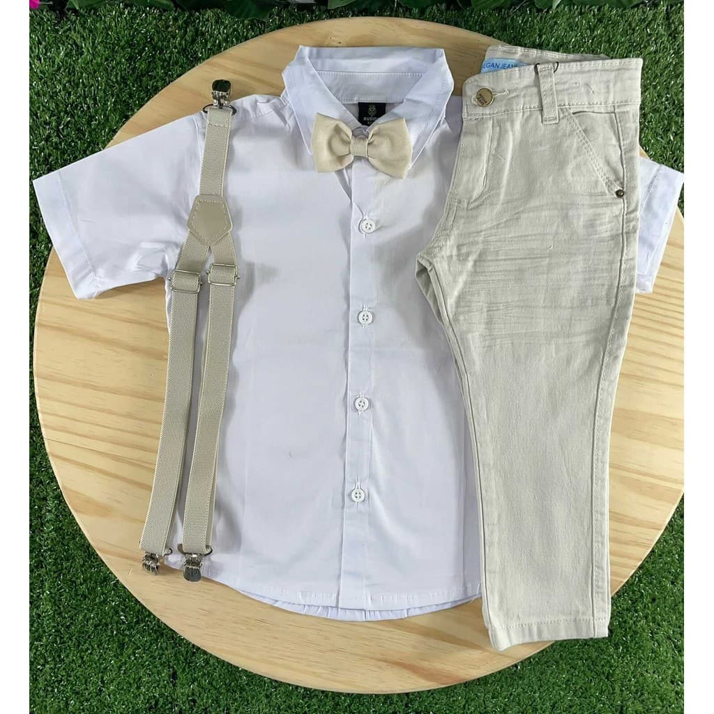 Calça Nude Camisa Manga Curta Branca Suspensório Gravata Batizado Pajem Casamento Formatura Menino Infantil Social