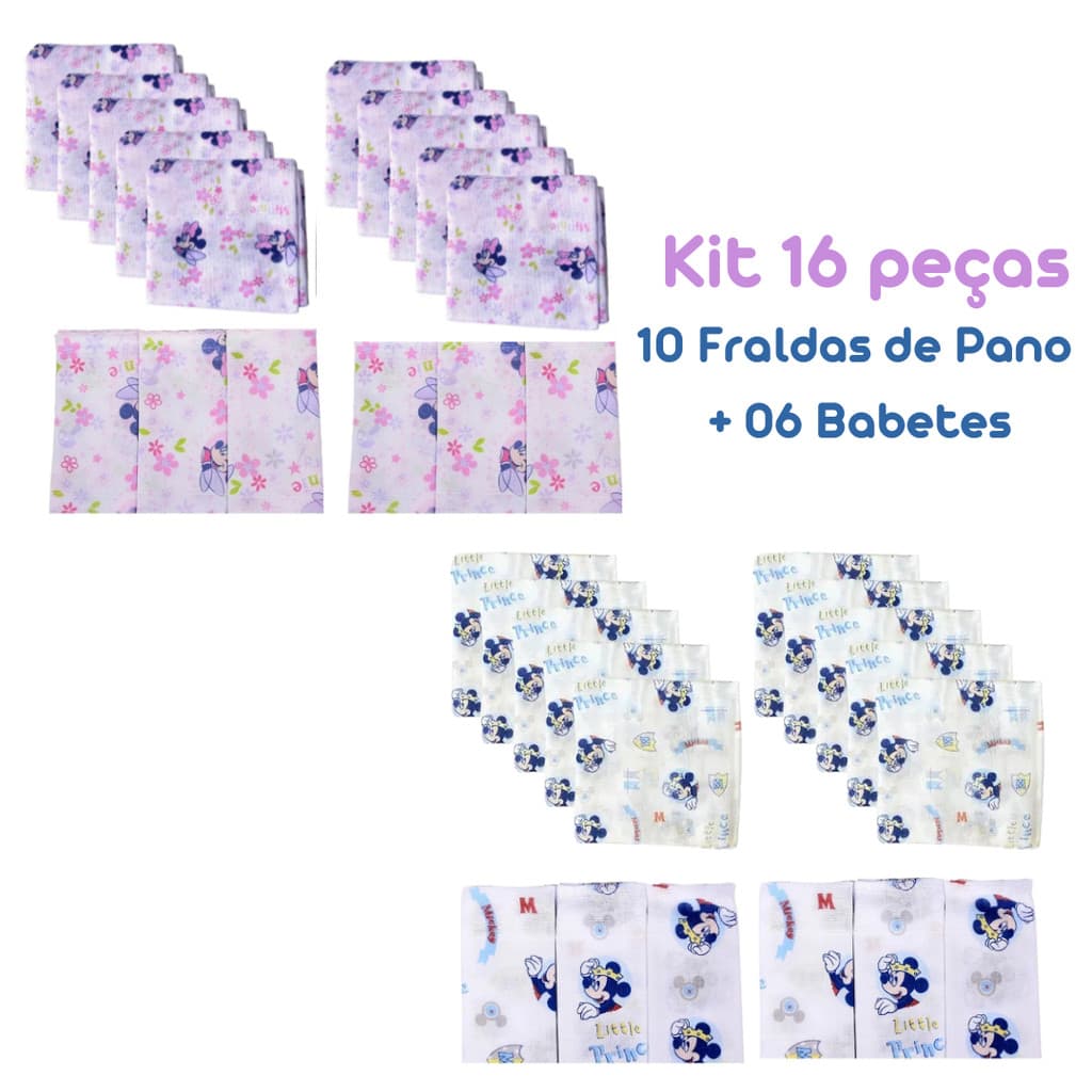 Kit 10 Fraldas de Pano Disney 65x65 06 Babete Mickey Minnie