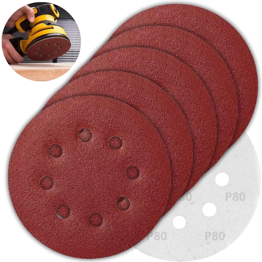 Kit 10 Discos de Lixa Aderente com Furo 125mm Grão 80 Lixa Disco de Velcro Desbaste Médio Marcenaria Obra Pintura