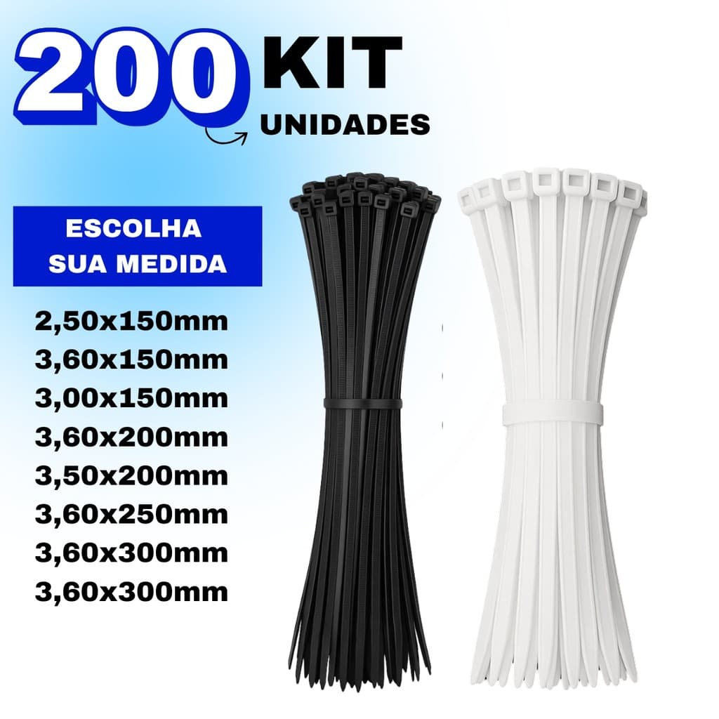 Kit 200 Cintas Plasticas Abraçadeira Nylon Enforca Gato Preto/Branco - Várias Medidas