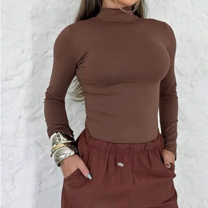 Body Bori Feminino Manga Longa Gola Alta Suplex Moda Blogueira Elegante PROMOÇÃO