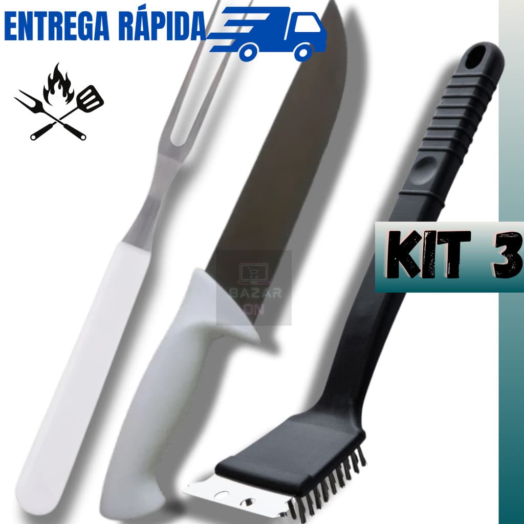 Conjunto Kit Para Churrasco 3 Peças Faca Afiada Profissional Limpa Grelha Garfo Jogo Completo