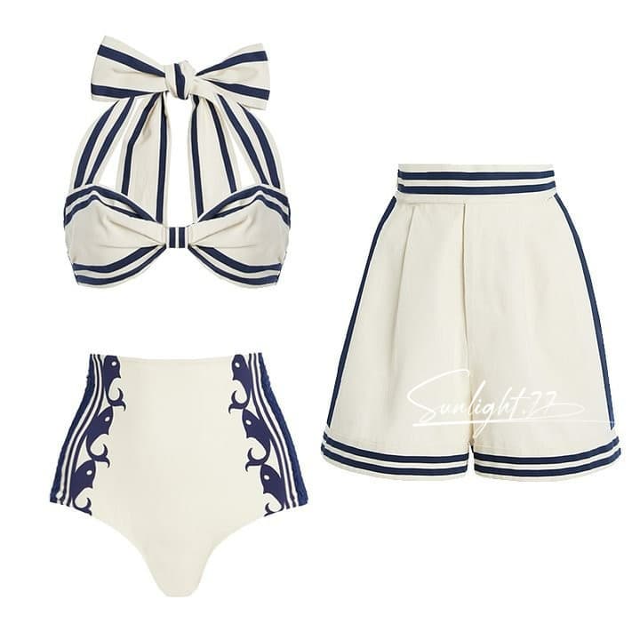 Conjunto de Maiô Feminino com Shorts, Maiô de Uma Peça com Laço, Biquíni de Secagem Rápida