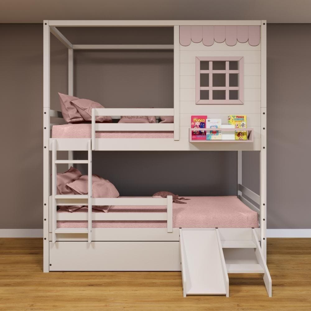 Treliche Casinha Reta Grade Removível Escorrega Branco Rosa