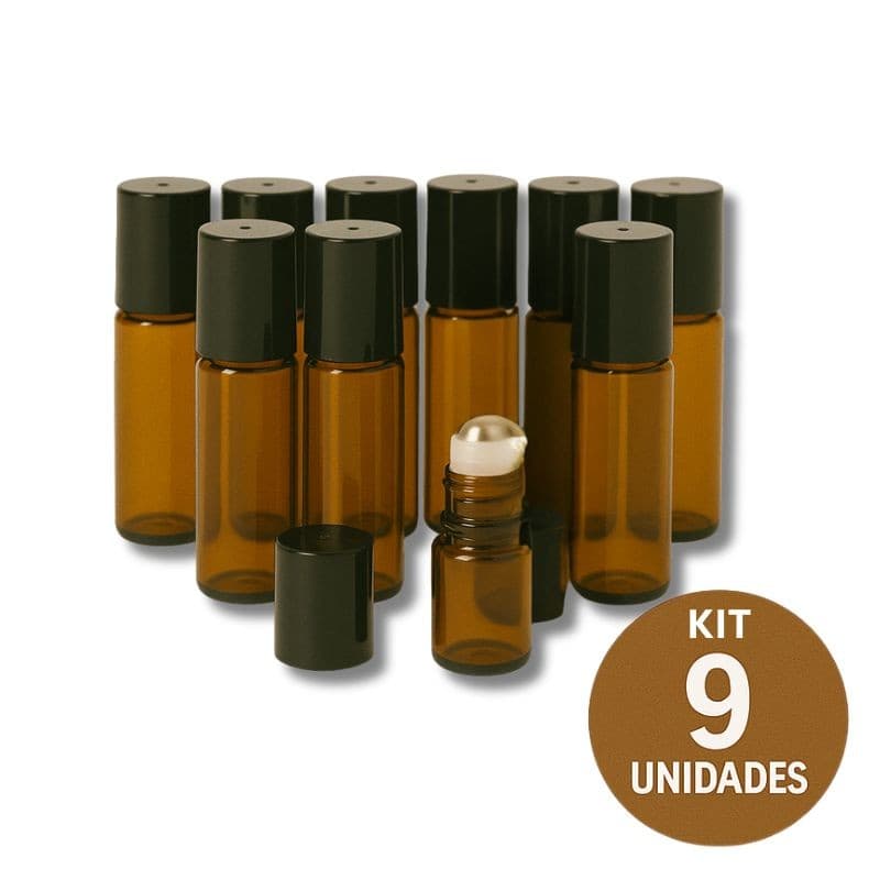 Kit 9 Frascos De Vidro Garrafinha Ambar Roll-on 5ml Com Tampa e Esfera em Inox