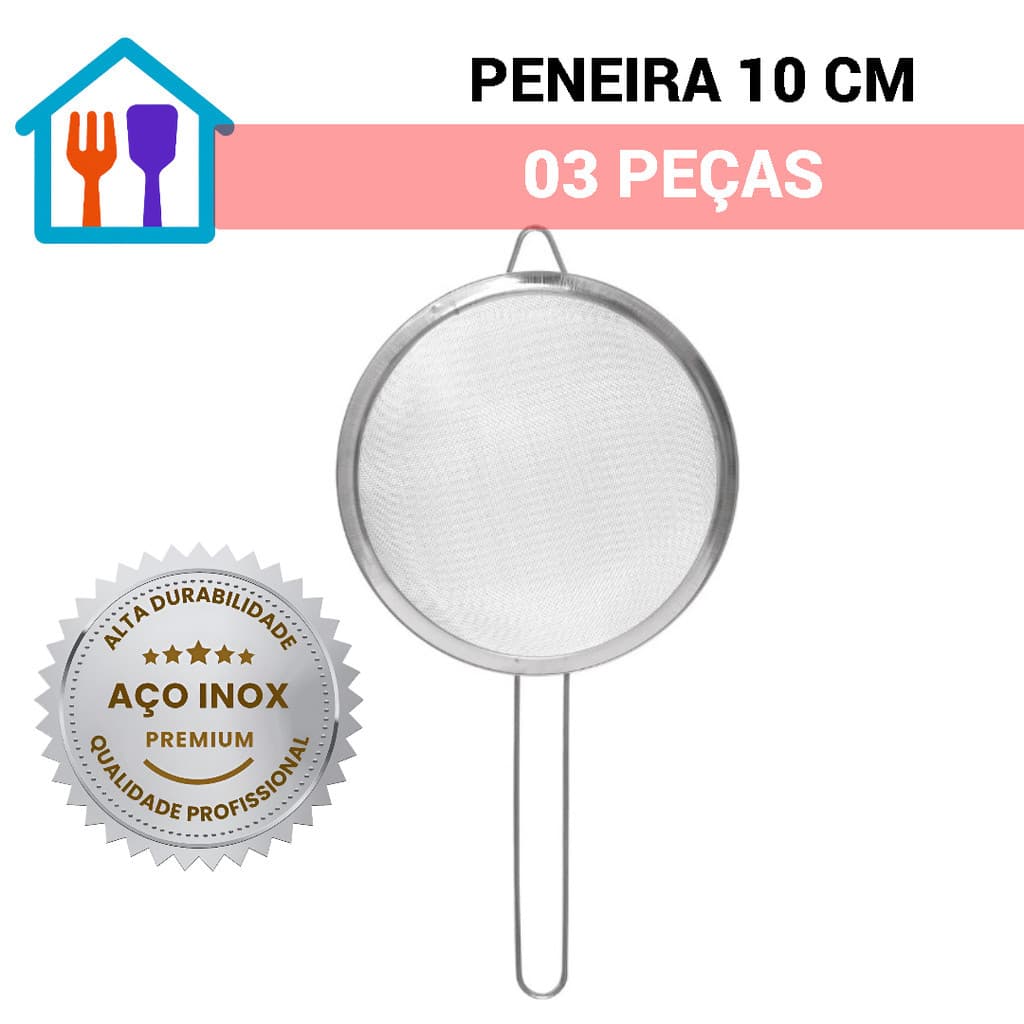 3 Pç Peneira Reforçada 10 cm Aço Inox Utensilio de Cozinha Peneirar Coar Escorrer Resistente Multiuso Universal