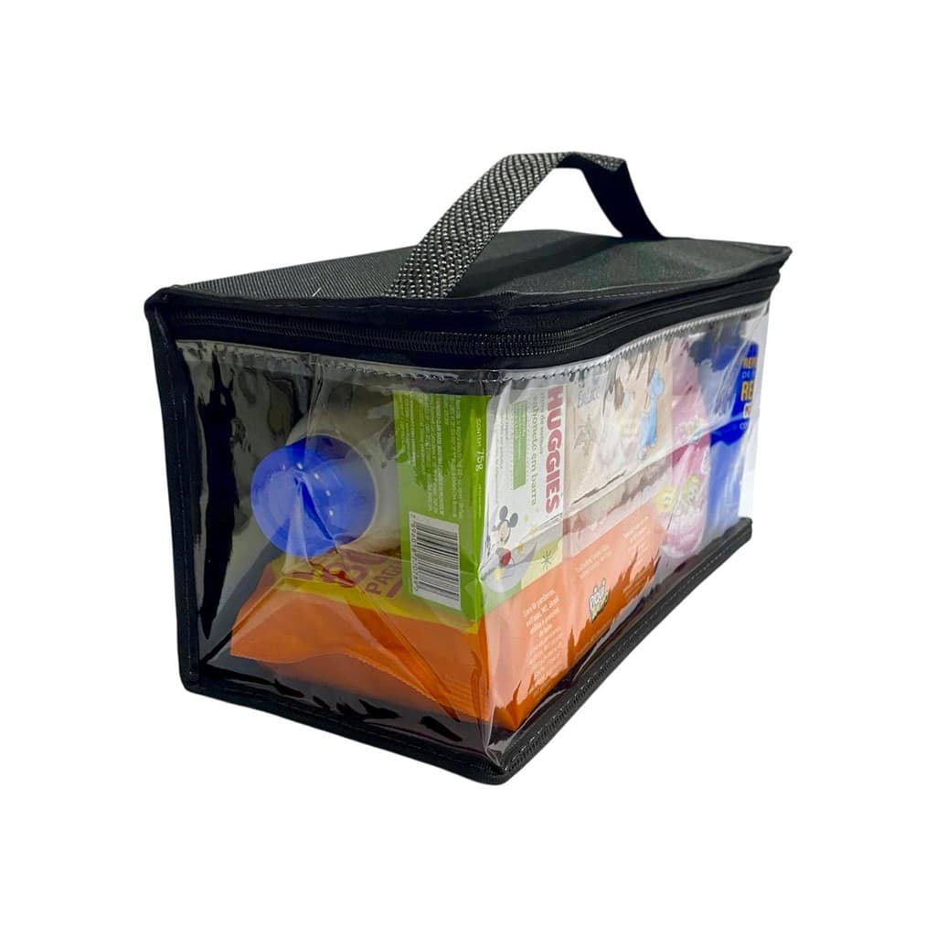 Necessaire frasqueira organizadora transparente e nailon PRETO com alça para viagem, maquiagem, maternidade