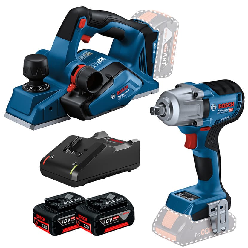 Kit Chave de Impacto 1/2" GDS 18V-450 PC + Plaina GHO 185-LI + 2 Baterias GBA 18V 4Ah e Carregador Bivolt GAL 18V-40