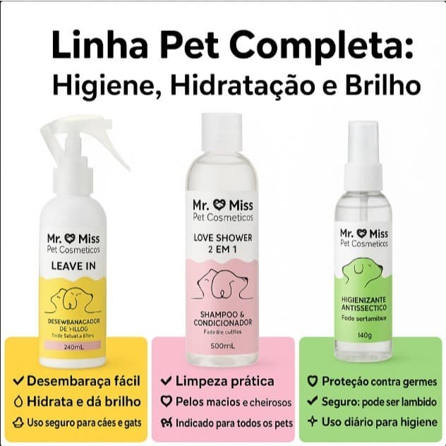 Desembaraçador pelos, shampoo e condicionador, Igienizador  de patinhas para  caes e gatos