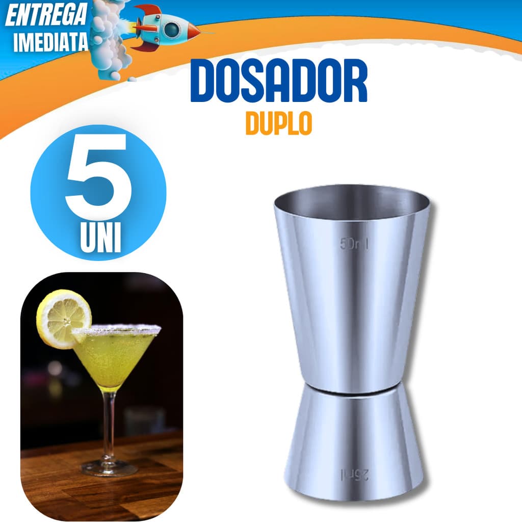 Kit 5 Unidades Dosador Duplo Profissional Aço Inox 25ml 50ml Drinks e Bebidas Premium Casa Bar Restaurante