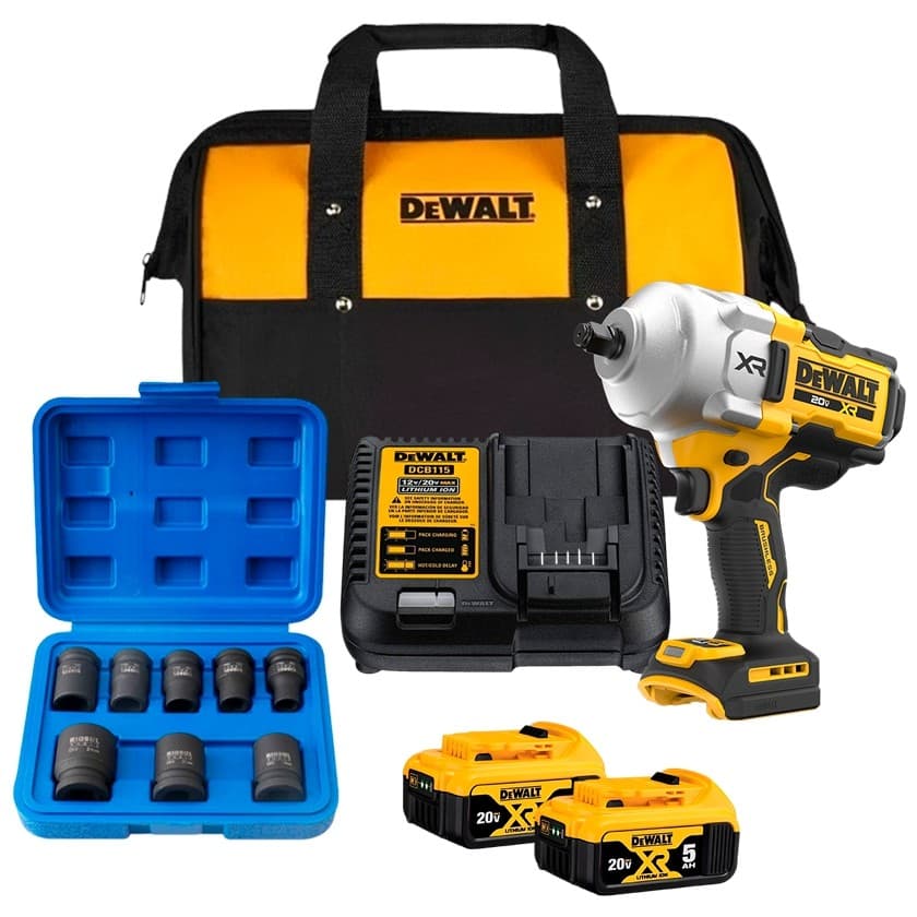 Kit Chave de Impacto 1/2" a Bateria DCF961B-B3 + 2 Baterias 20V 5Ah + Carregador + Bolsa + Jogo de Soquete 1/2" 8 Peças