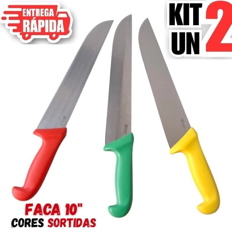 2 Unidades Faca 10" Cabo varias cores Inox Açougueiro Profi.Churrasqueiro Cozinha