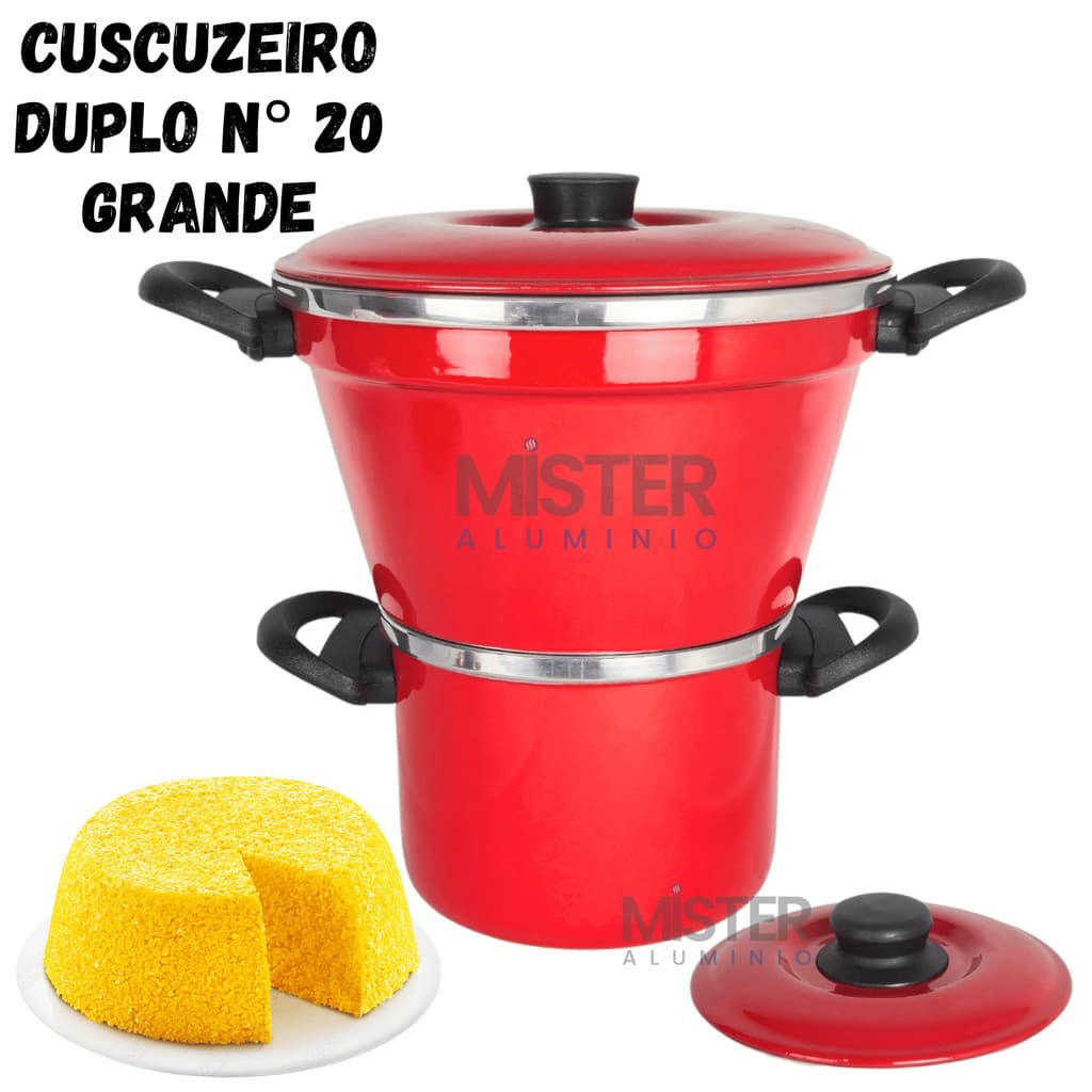 Cuscuzeiro Nordestino nº20 Duplo Vermelho com Tampa e Fervedor Faz Cuscuz Legumes e Escorredor