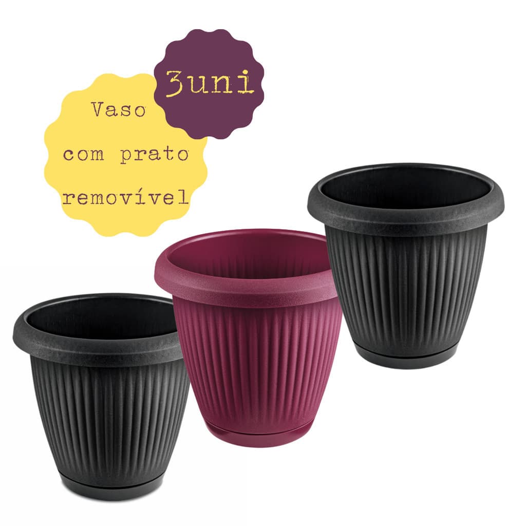 Kit 3 Vasos de Planta 8 Litros com Prato Removível