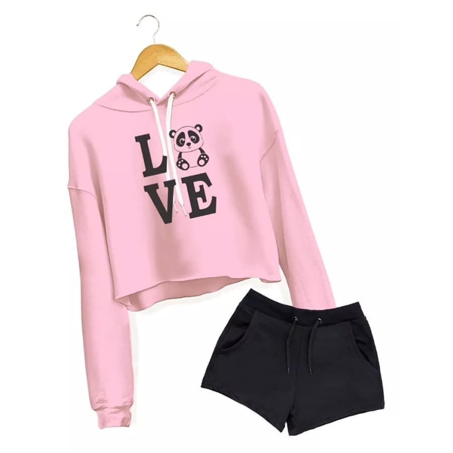Kit Feminino Cropped e Short Moletom Panda Love Casual