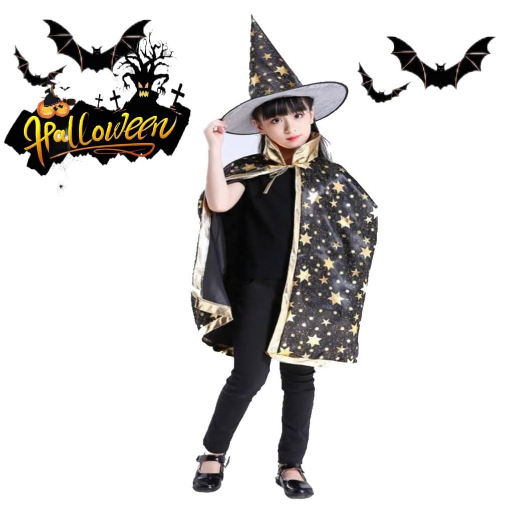 Fantasia Infantil de Bruxa Colorida - Chapéu e Capa para Halloween
