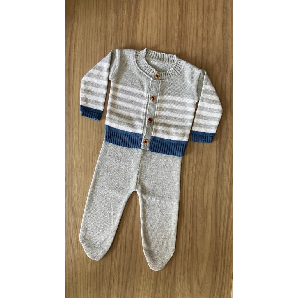 Conjunto Jaqueta Calça Listra Recem Nascido RN Menino Blusa Tricô Infantil