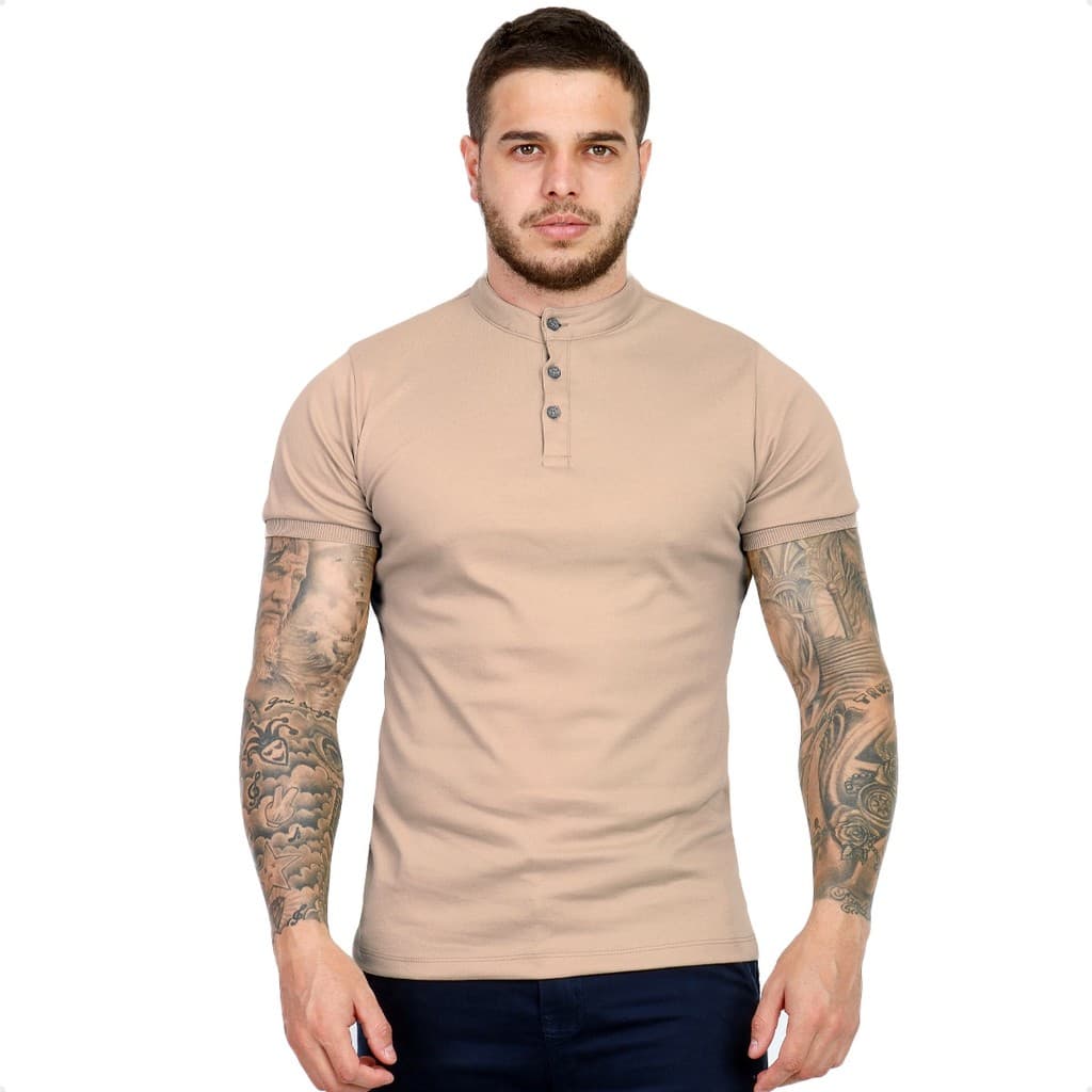 Camiseta Henley Gola Padre Masculina Com Botão Slim Suedine Austin Club
