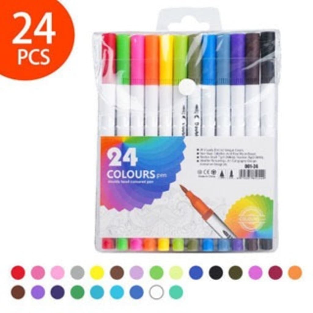 Kit 24 Canetas 2 em 1 Brush Lettering e Ponta Fina Dual Pen Canetinha Colorir Desenho