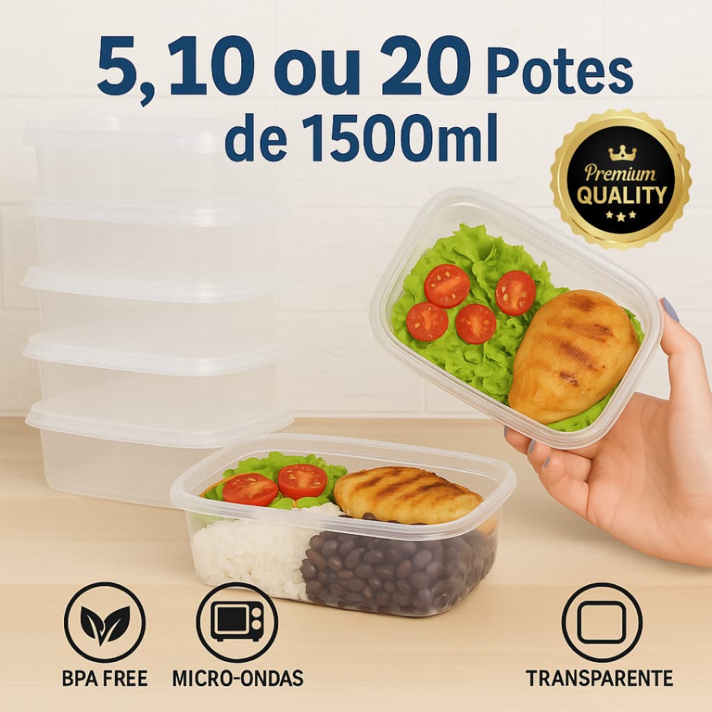 Kit Potes Marmita 1500ml – Transparente | Tampa Vedada | BPA Free | Freezer & Micro-ondas