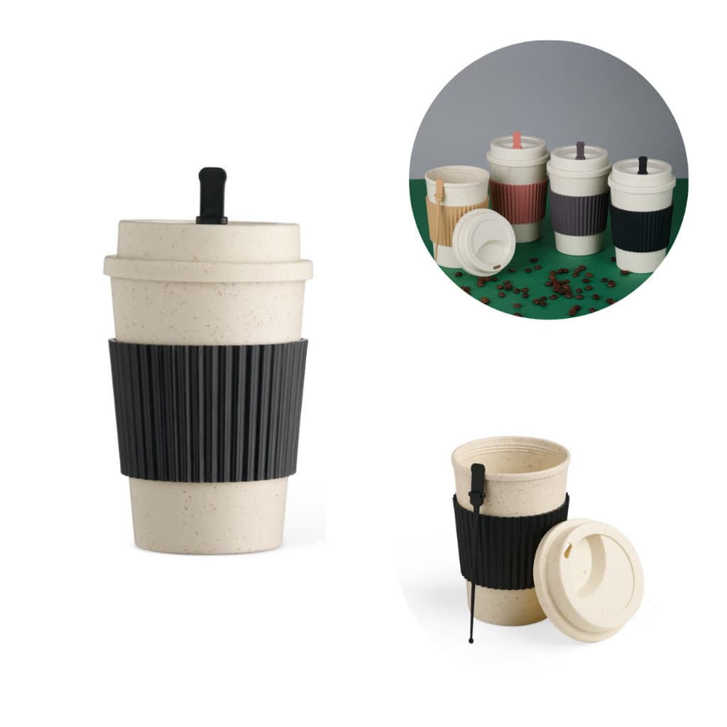 Copo Fibra de Trigo 450 ml tampa rosqueável Acompanha mexedor colorido ideal para café chá leite