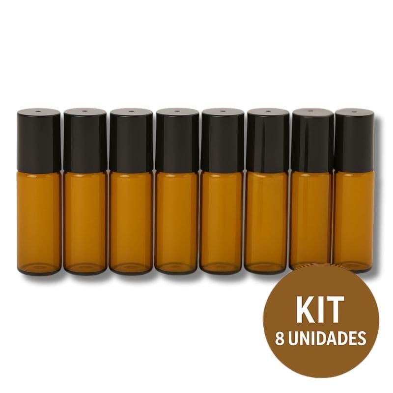 Kit 8 Frascos De Vidro Garrafinha Ambar Roll-on 5ml Com Tampa e Esfera em Inox