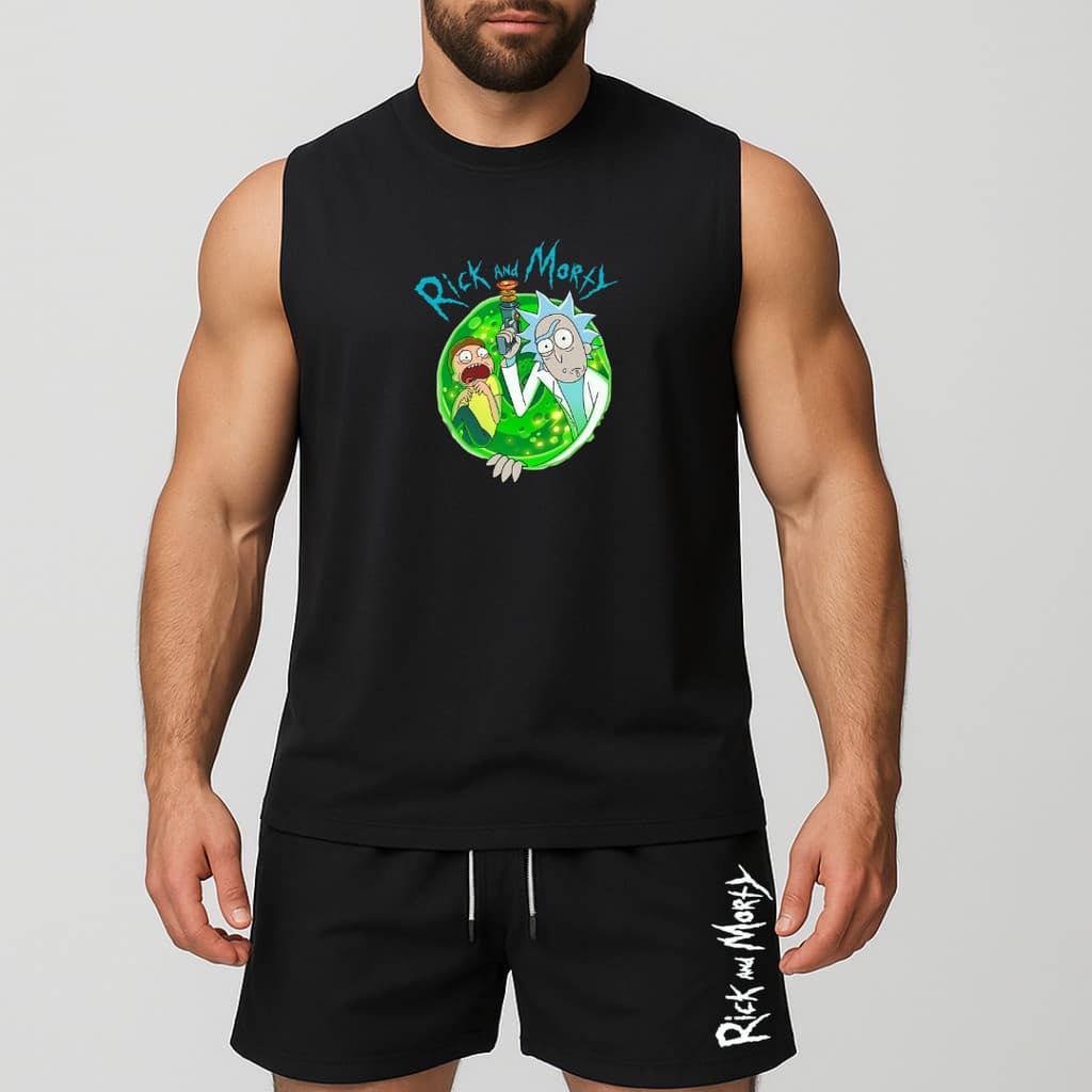 conjunto regata oversized e short de tactel de academia másculino estampada rick morty