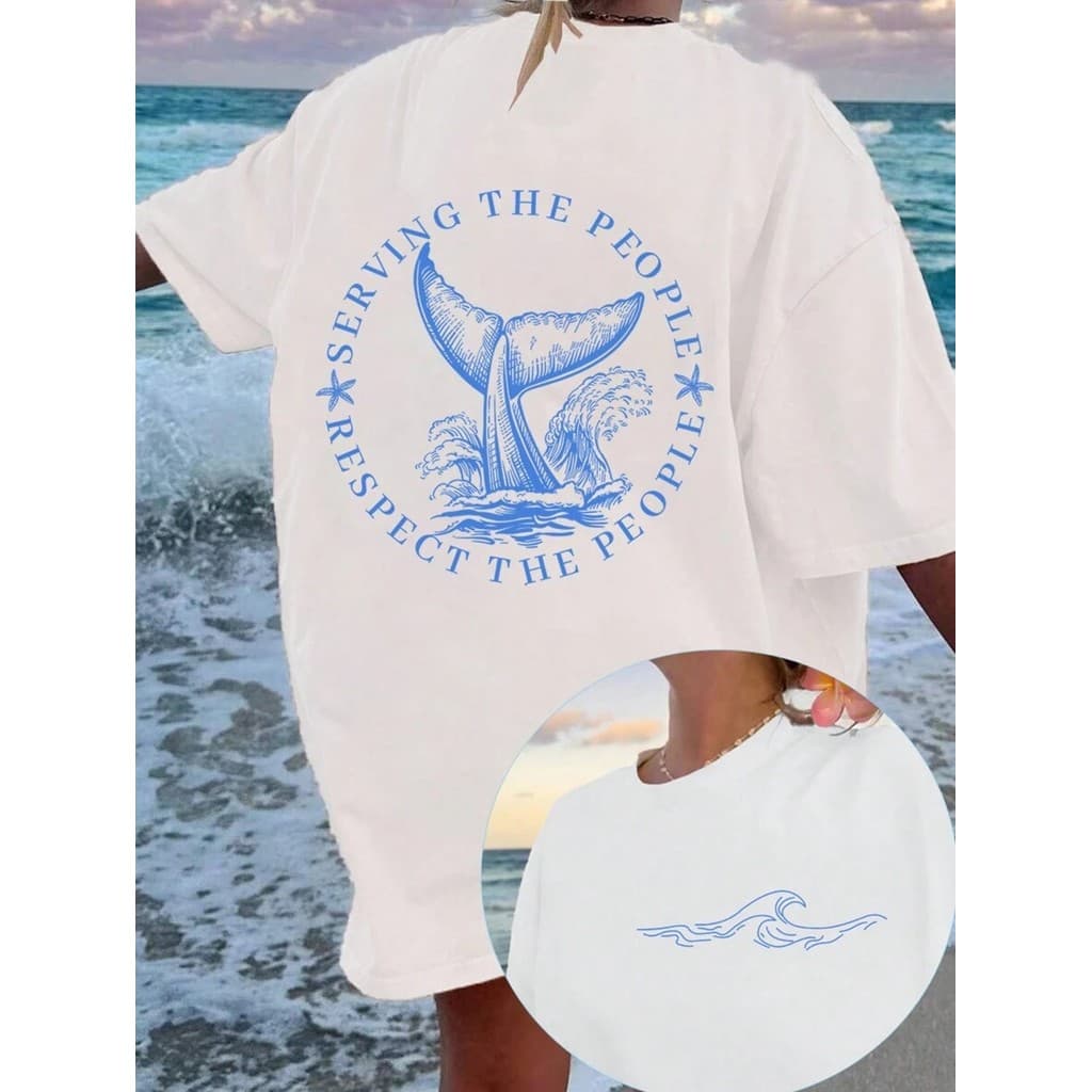 Tshirt Feminina Estilosa Estampada Cauda Baleia Lançamento Camiseta 100% Algodão Camisetão Camisa Oversized Plus Size